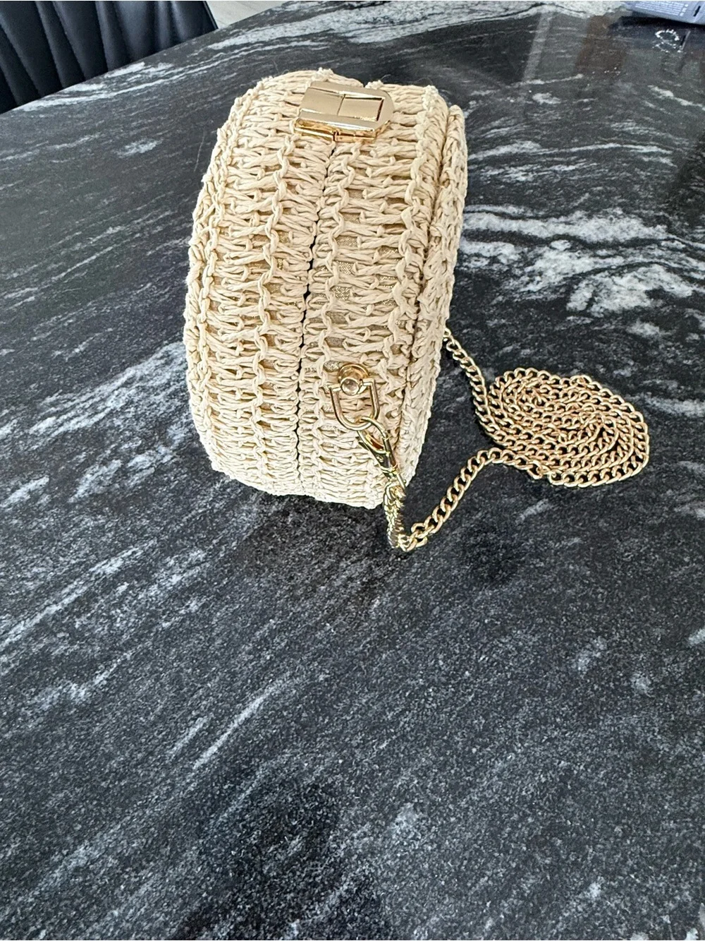 HAUTE HIPPIE Woven Round Crossbody Bag in Natural with Gold Chain & Gold Shimmer - Picture 11 of 14
